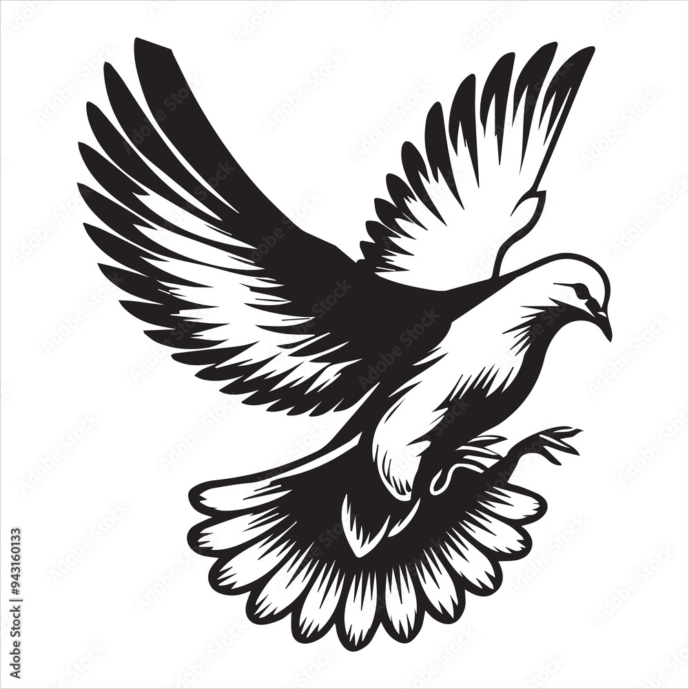 Fototapeta premium Mourning Dove Silhouette - Zenaida macroura Clipart - Mourning Dove hovering in mid-air Illustration in black and white