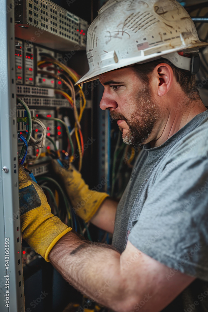 Electrician performing repairs on a complex electrical panel in a utility room Electrician performing repairs on a complex electrical panel in a utility room