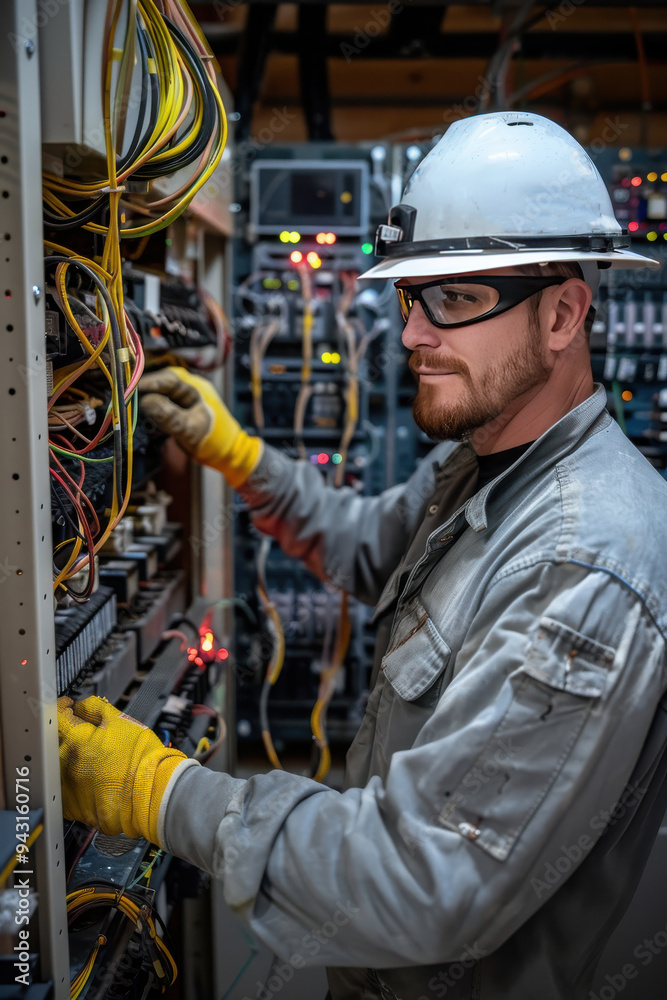 Electrician working on an electrical panel with yellow gloves and white helmet, surrounded by wires in a cabinet during a busy workday Electrician working on an electrical panel with yellow gloves and white helmet, surrounded by wires in a cabinet during a busy workday