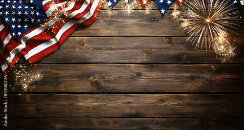 A Wooden Background Featuring an American Flag and Fireworks, Evoking a Patriotic and Festive Atmosphere, Perfect for Celebrating National Holidays and Independence Day, Capturing the Spirit of Celebr photo