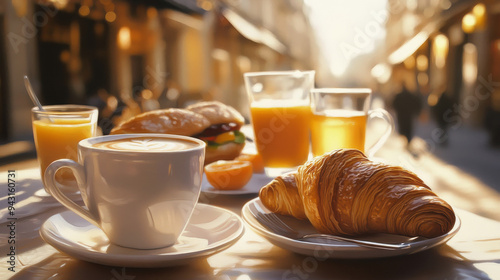 The scene beautifully captures a quintessential Parisian morning at a street café, where the charm of the city comes alive.