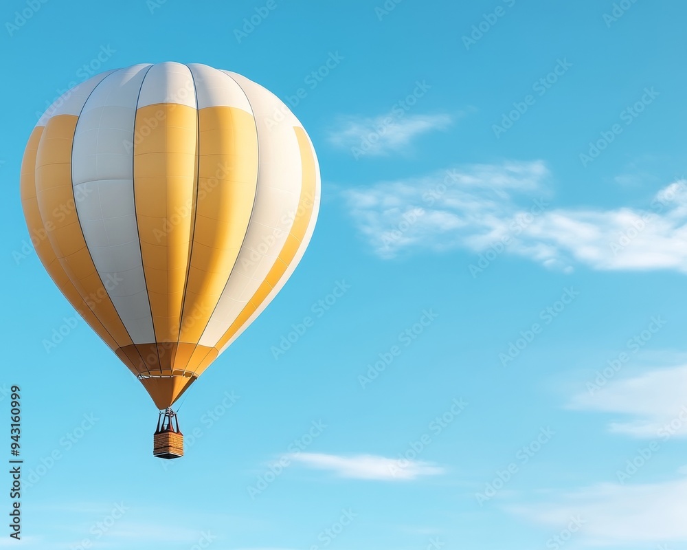 Fototapeta premium A yellow and white hot air balloon floats gracefully against a bright blue sky with wispy white clouds.