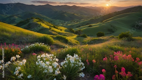 Whimsical hills. Rolling terrain, vibrant flora, mystical atmosphere. Playful and enchanting landscape. photo