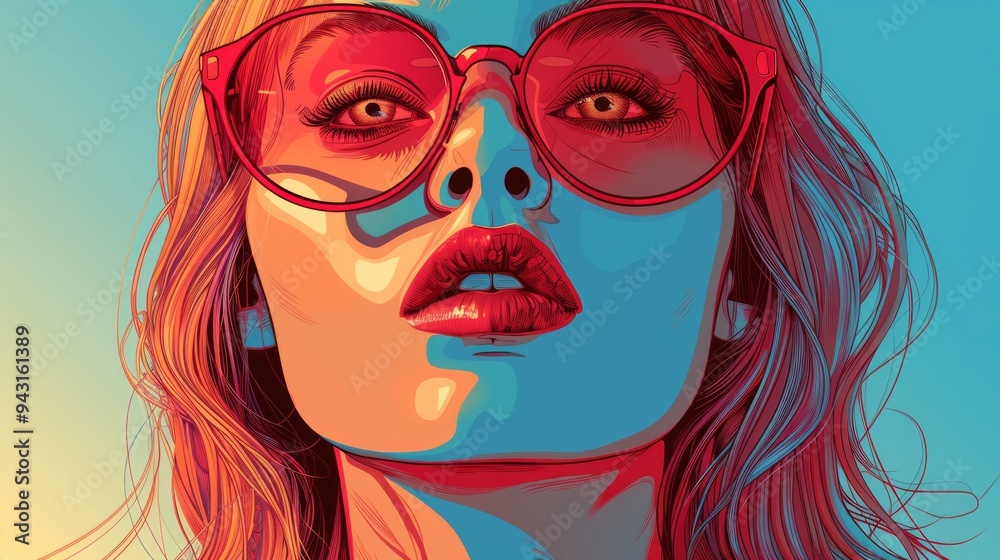 a drawing of a woman with glasses with glasses, pop art style, flat shading a drawing of a woman with glasses with glasses, pop art style, flat shading