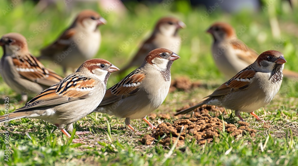 Sparrows in their natural habitat on a sunny day, perched on grassy ground where bird food has been scattered by a man. Sparrows in their natural habitat on a sunny day, perched on grassy ground where bird food has been scattered by a man.