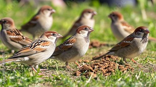 Sparrows in their natural habitat on a sunny day, perched on grassy ground where bird food has been scattered by a man. 