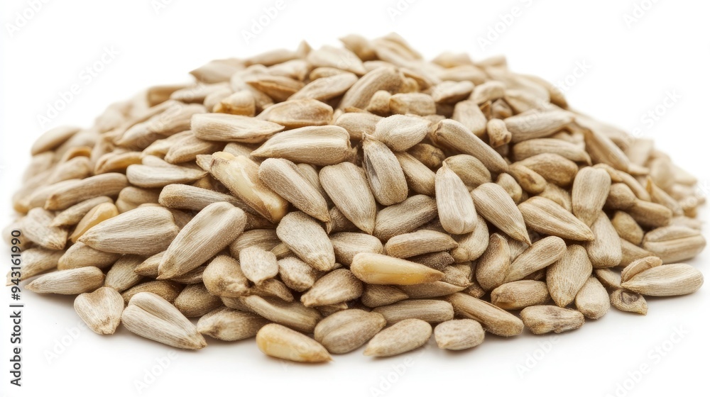 A pile of sunflower hulled seeds neatly arranged, isolated on a white background, showcasing their natural texture and color. A pile of sunflower hulled seeds neatly arranged, isolated on a white background, showcasing their natural texture and color.