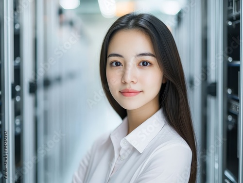 A young woman in a white shirt stands confidently in a server room, looking directly at the camera. Free Download A young woman in a white shirt stands confidently in a server room, looking directly at the camera. - GFXLoad