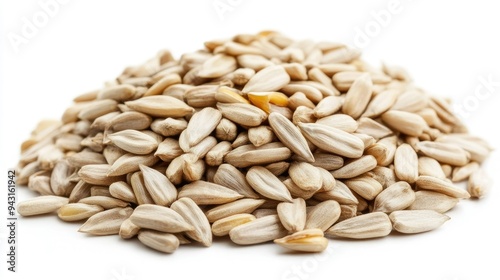 A pile of sunflower hulled seeds neatly arranged, isolated on a white background, showcasing their natural texture and color.