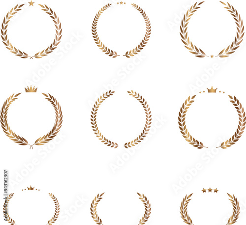 Vector illustration set of bronze laurel wreath icons. Ideal for trophies and honorary awards, celebrating winners and champions.