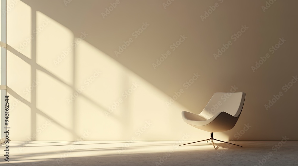 Fototapeta premium A serene, minimalistic room with a single modern chair, soft lighting casting a shadow on the wall, creating an aesthetic and calm design atmosphere.