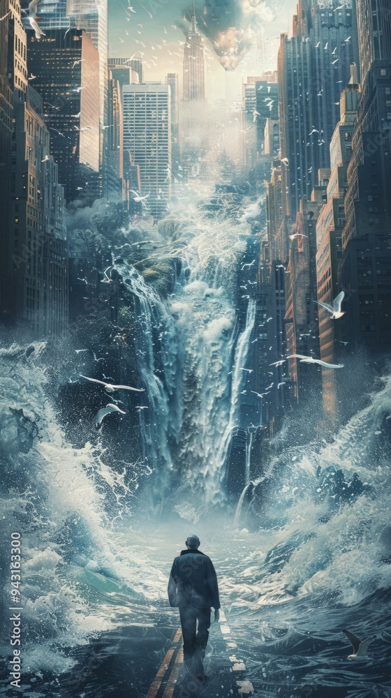 A lone figure stands before a massive torrent of water cascading through a flooded cityscape at twilight A lone figure stands before a massive torrent of water cascading through a flooded cityscape at twilight