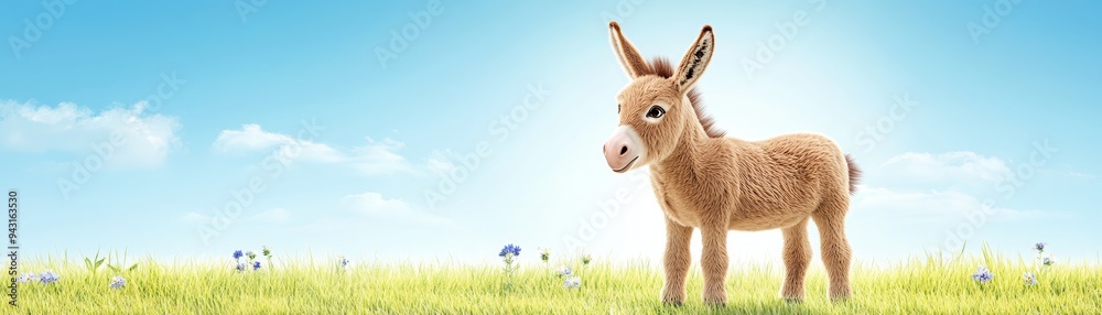Adorable baby donkey standing in a lush green field under a bright blue sky with fluffy white clouds on a sunny day, showcasing nature's beauty. Adorable baby donkey standing in a lush green field under a bright blue sky with fluffy white clouds on a sunny day, showcasing nature's beauty.