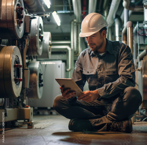 Electrician reviewing energy data in a heating plant photo