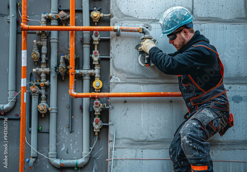 Plumber connecting plastic pipes at a construction site with heating plant installation photo