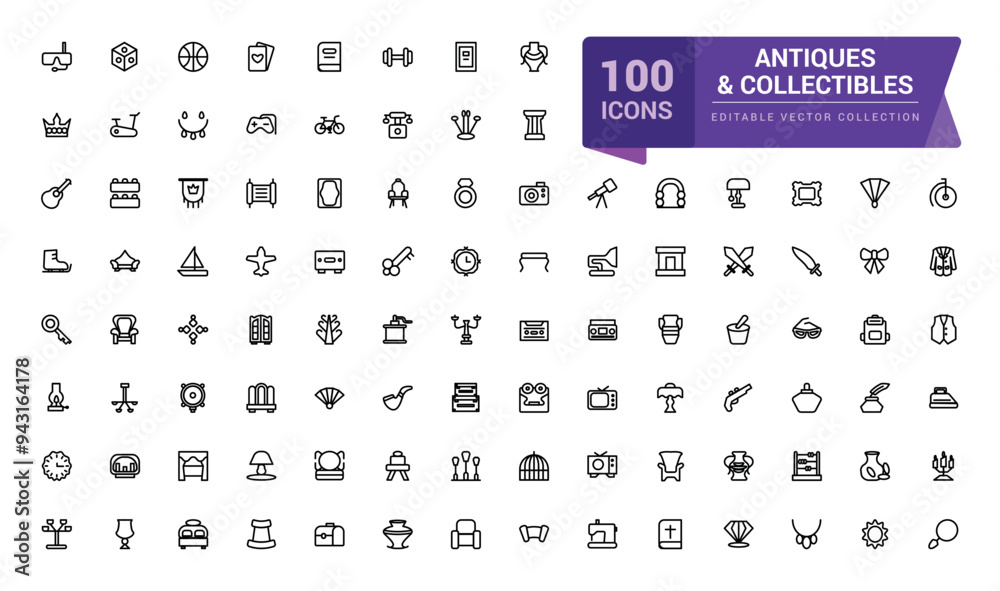 Antiques and Collectibles icon collection. Set of Antique Collectibles Icons. Minimal Linear icon editable vector stroke illustration.