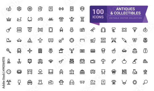 Antiques and Collectibles icon collection. Set of Antique Collectibles Icons. Minimal Linear icon editable vector stroke illustration.