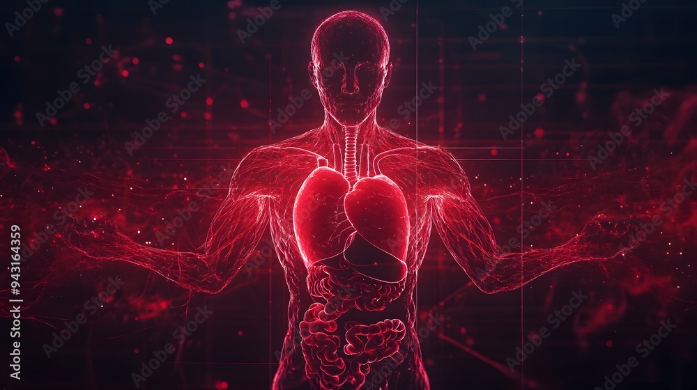 14. **Illustrate a holographic human body with an emphasis on the cardiovascular system, showcasing the heart and blood vessels in a dynamic, illuminated display. The background should be designed to