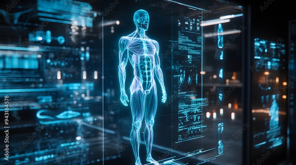 15. **Design a hologram of a human body with a futuristic, digital interface that displays interactive anatomical details and functional simulations. The image should convey a sense of advanced 15. **Design a hologram of a human body with a futuristic, digital interface that displays interactive anatomical details and functional simulations. The image should convey a sense of advanced