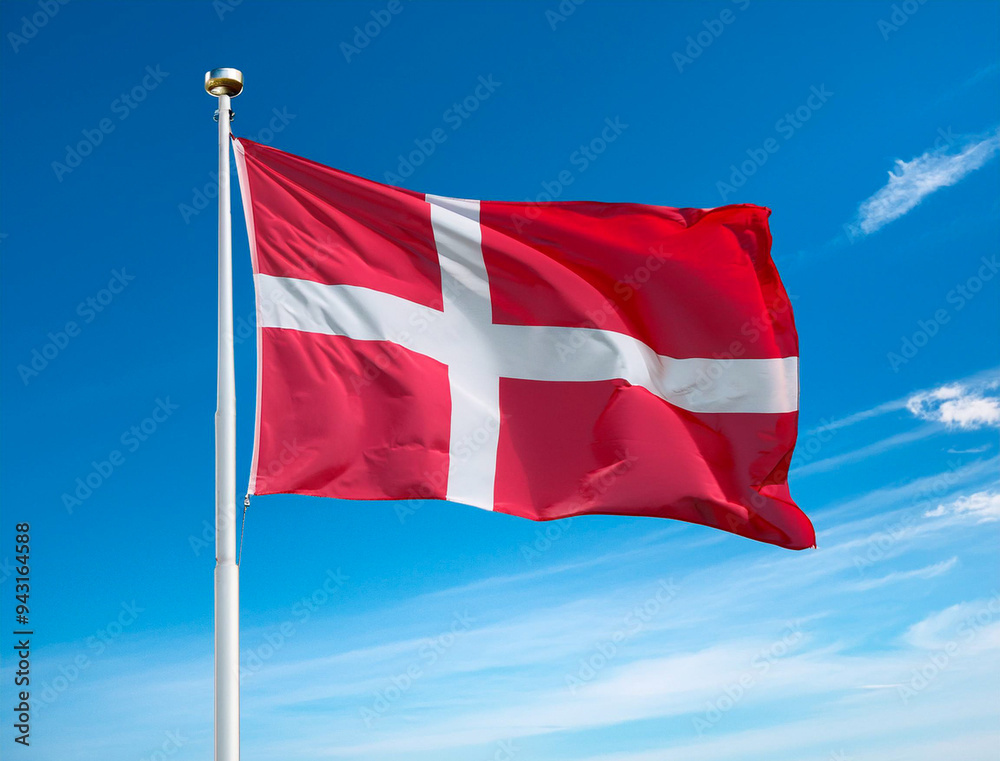 The flag of Denmark fluttering in the wind with blue sky background The flag of Denmark fluttering in the wind with blue sky background