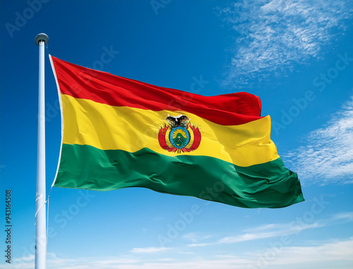 The Bolivian flag waving in the wind with blue sky background