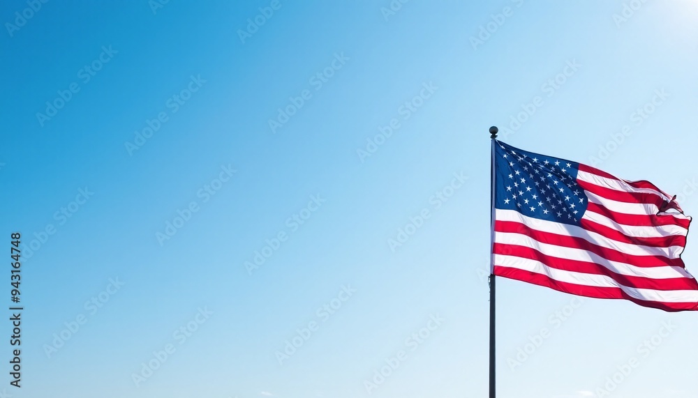 Fototapeta premium Patriotic banner with the flag subtly integrated into a bright blue sky background, ideal for event promotions.