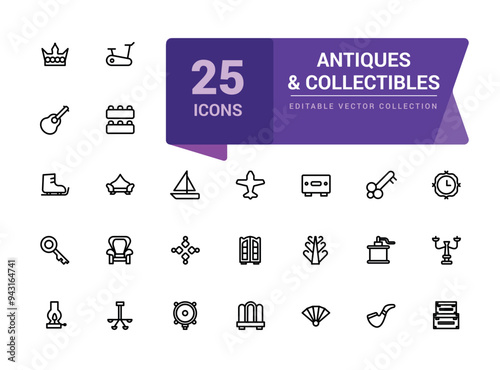 Antiques and Collectibles icon collection. Set of Antique Collectibles Icons. Minimal Linear icon editable vector stroke illustration.