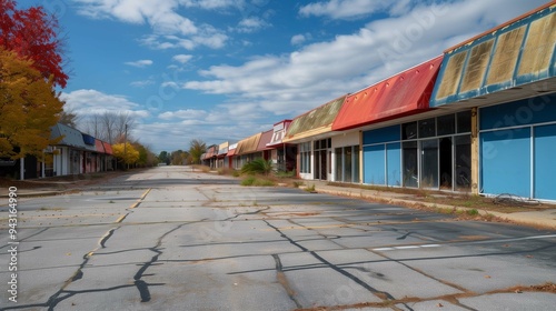 Fototapeta Naklejka Na Ścianę i Meble -  Closed shops on empty main street image. Problems of small business during financial depression photography scene wallpaper. Bankruptcy of entrepreneurships concept photorealistic photo