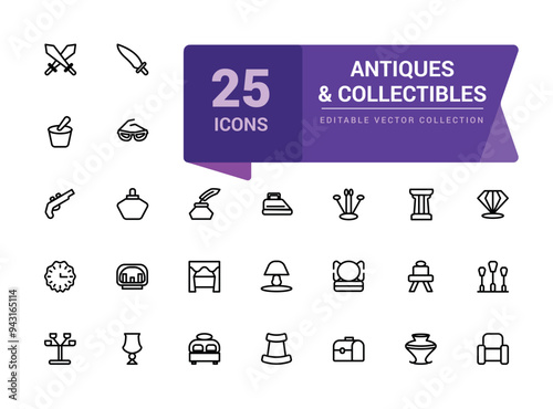 Antiques and Collectibles icon collection. Set of Antique Collectibles Icons. Minimal Linear icon editable vector stroke illustration.