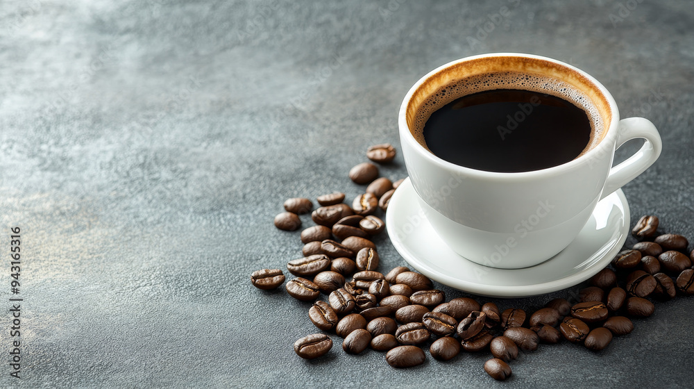  A white glass, filled to the brim with rich, dark black coffee, sits prominently on an old cement table