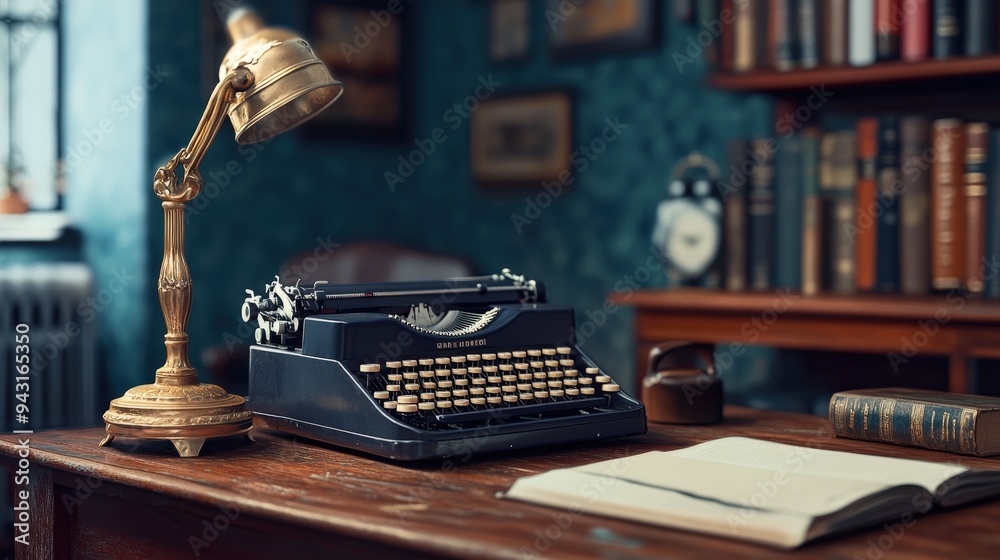 Obraz premium A classic typewriter sits on a wooden desk beside a brass lamp, illuminated by soft light, with an open book ready for writing in a cozy study