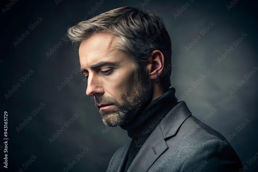 A somber, high-contrast grey background isolates a thoughtful subject in a classic, tightly-framed portrait, evoking introspection and contemplation with subtle, nuanced expressions. A somber, high-contrast grey background isolates a thoughtful subject in a classic, tightly-framed portrait, evoking introspection and contemplation with subtle, nuanced expressions.