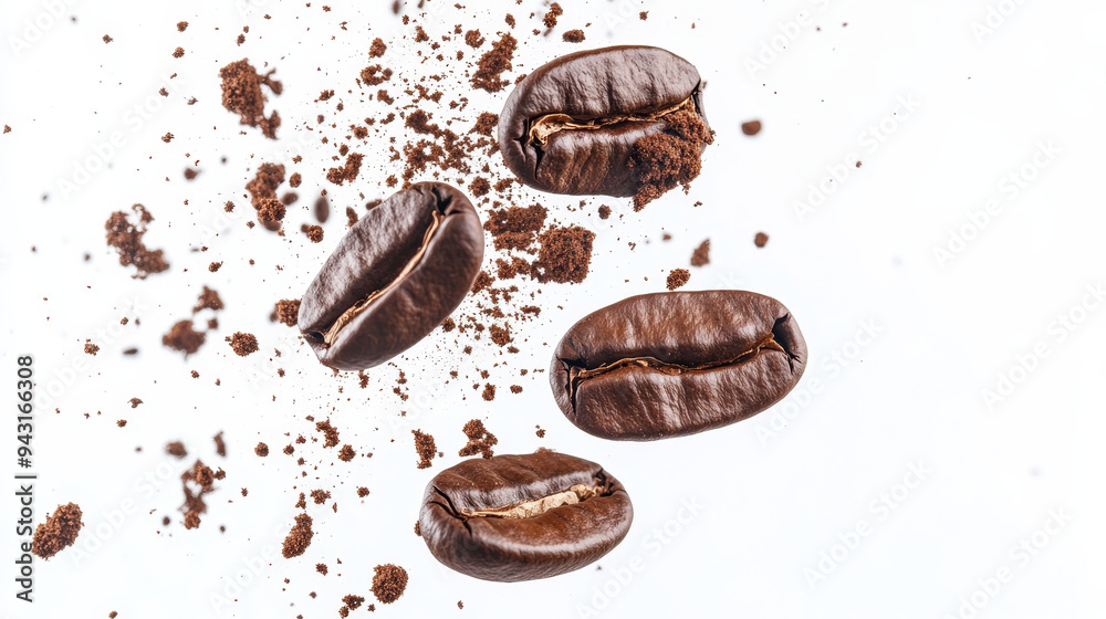 Imagine a dynamic scene with coffee beans and coffee powder gracefully falling in mid-air against a crisp white background. Imagine a dynamic scene with coffee beans and coffee powder gracefully falling in mid-air against a crisp white background.