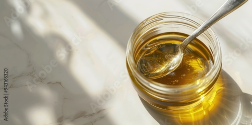 A diagonal view of a glass jar with golden oil and a spoon on a white marble table, shown closeup.