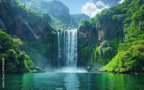 Majestic waterfall cascades down rocky cliffs surrounded by lush greenery in Milos during a sunny day