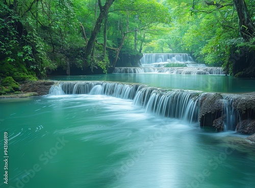 A tranquil waterfall flowing into turquoise pools in Milos surrounded by lush greenery