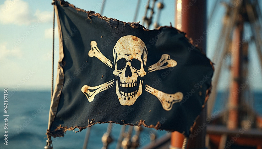 Obraz premium Pirate flag flying on a pirate ship, with sails billowing in the wind over the open sea.