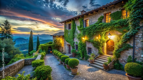 Photo image of a mystical Italian villa at dusk, with jasmine vines crawling up stone walls, surrounded by twilight-blue skies and lush greenery.