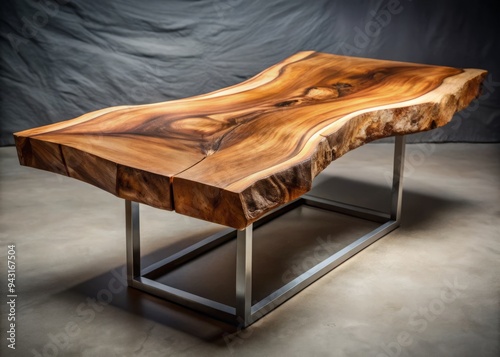 A stunning slab of natural live edge wood with rich, warm tones and unique organic imperfections, suspended on a modern metal base, evoking rustic elegance. photo