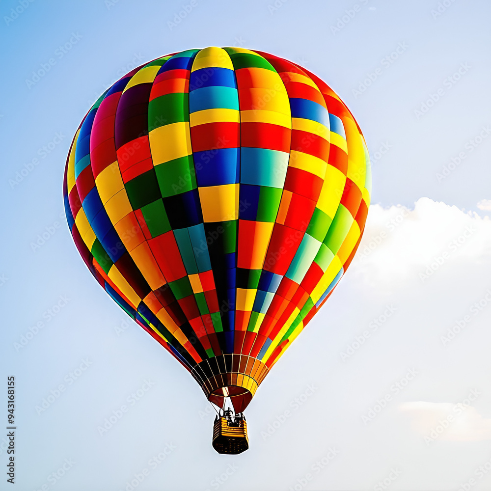 Fototapeta premium A colorful hot air balloon gently rising into the sky on a white background.