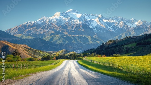 A scenic route through lush fields, with snow-capped mountains in the background and a clear blue sky, perfect for a summer adventure.