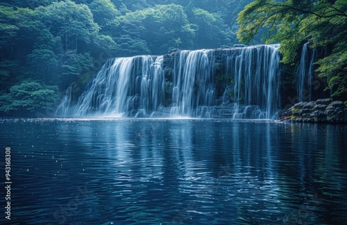Milos Waterfall illuminated in blue light amidst lush greenery, creating a serene atmosphere during twilight