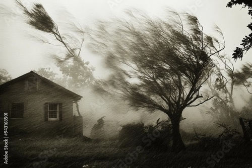 Intense Hurricane Winds Battering Isolated House and Trees in Stormy Weather