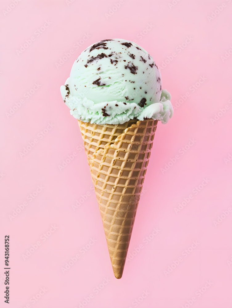 mint chocolate chip ice cream in the cone isolated on pink mint chocolate chip ice cream in the cone isolated on pink