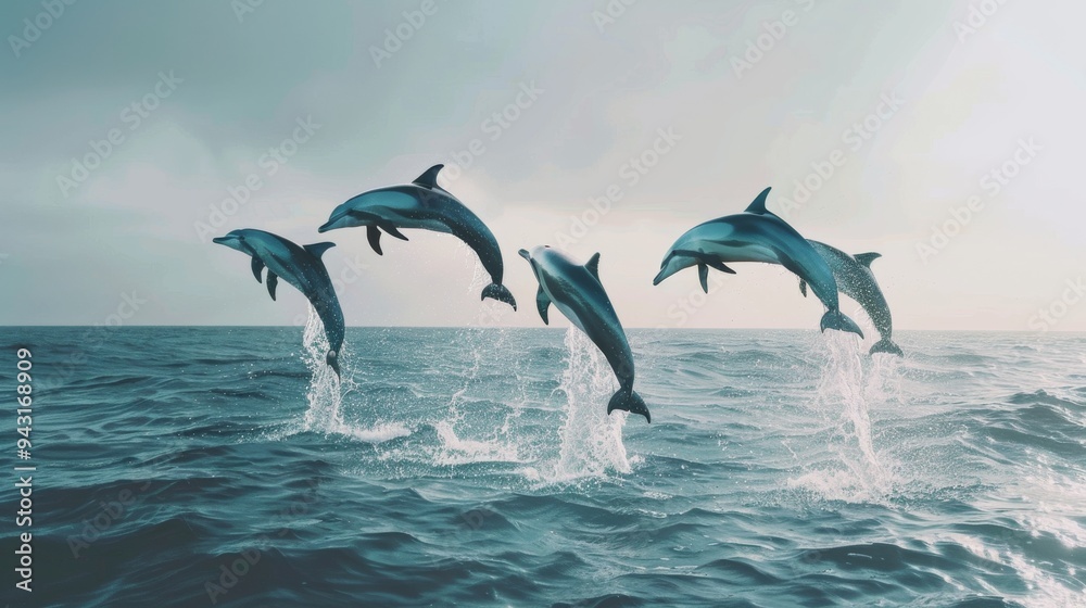 Four dolphins gracefully leap out of the ocean, synchronized in playful harmony against a serene blue backdrop. Four dolphins gracefully leap out of the ocean, synchronized in playful harmony against a serene blue backdrop.