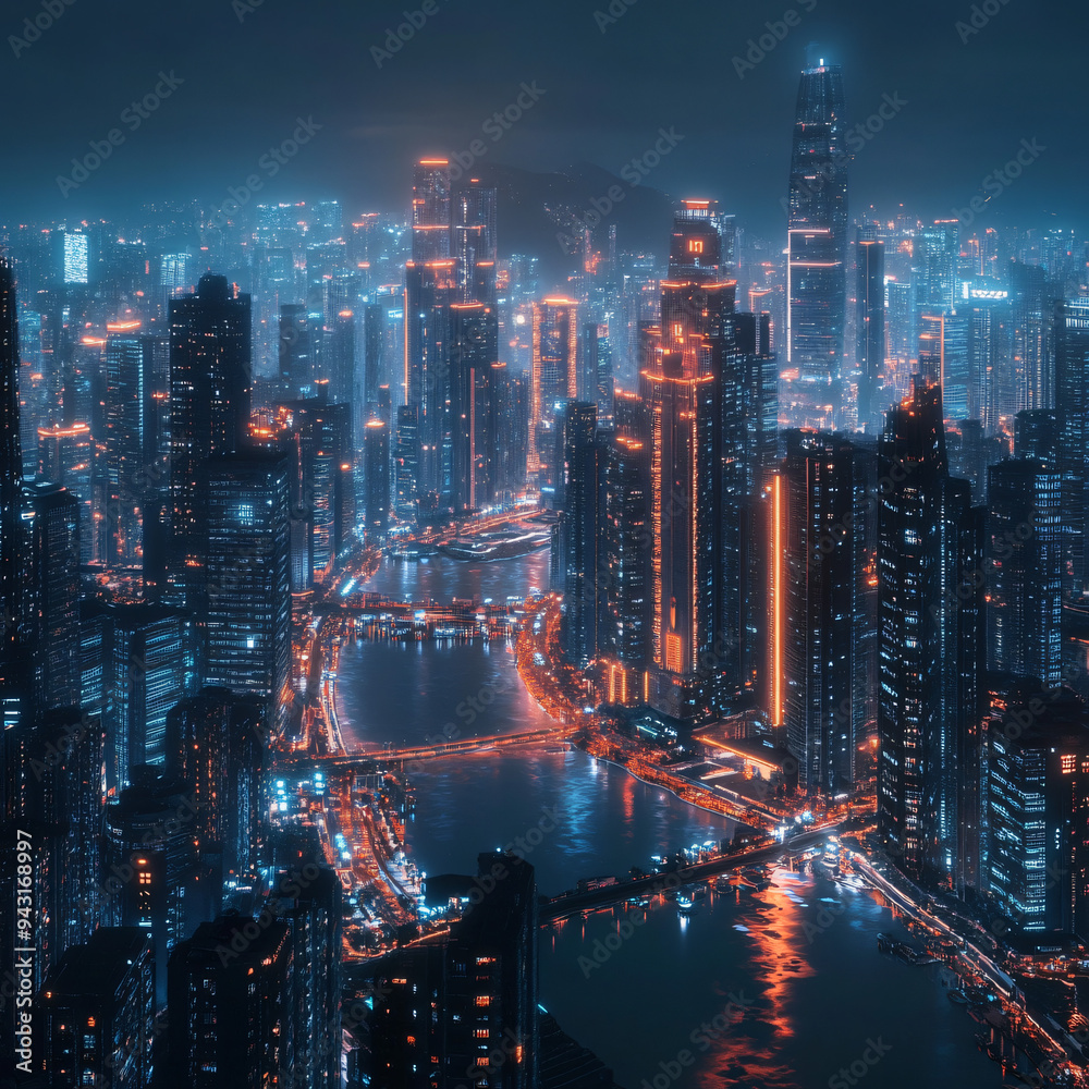 Fototapeta premium A smart city at night with glowing AI-driven infrastructure.
