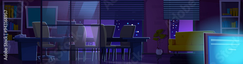 Night business office interior. Vector cartoon illustration of empty boardroom with glass wall, desk and chairs, computer display glowing in darkness, folders on shelf, modern cityscape view in window