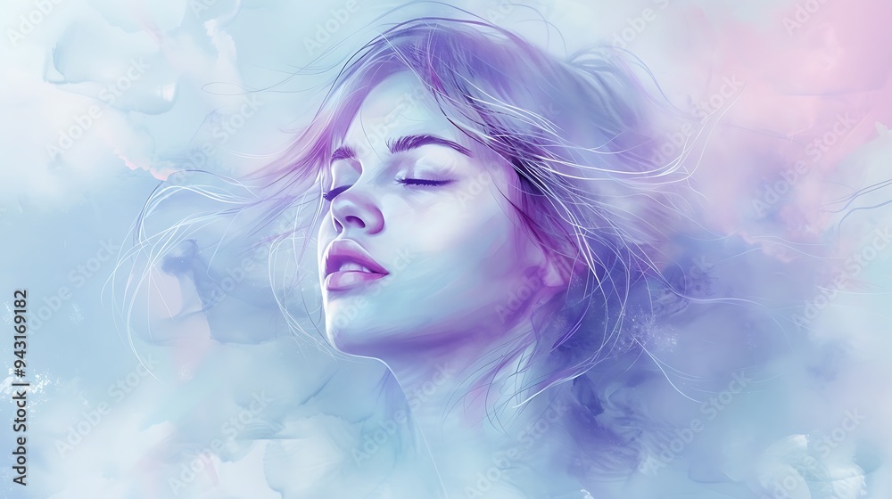 A soft and dreamy illustration of a lady with closed eyes, her hair gently blowing in the wind, rendered in pastel tones with a watercolor effect. 8k UHD, suitable for high-quality printing A soft and dreamy illustration of a lady with closed eyes, her hair gently blowing in the wind, rendered in pastel tones with a watercolor effect. 8k UHD, suitable for high-quality printing
