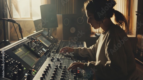 A focused audio engineer adjusts sound levels on a mixing console in a dimly-lit, sophisticated recording studio. photo