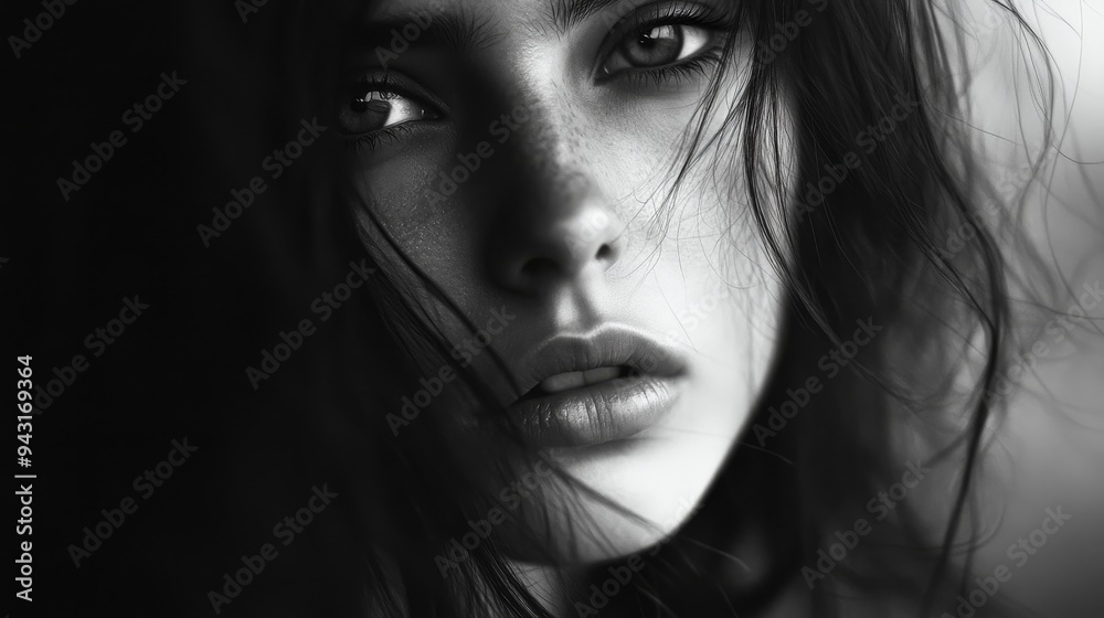 Woman, black and white photography, blurry face, soft hair, soft light, high contrast, mysterious atmosphere, close-up portrait, soft focus, blurred background, delicate texture of skin, Woman, black and white photography, blurry face, soft hair, soft light, high contrast, mysterious atmosphere, close-up portrait, soft focus, blurred background, delicate texture of skin,